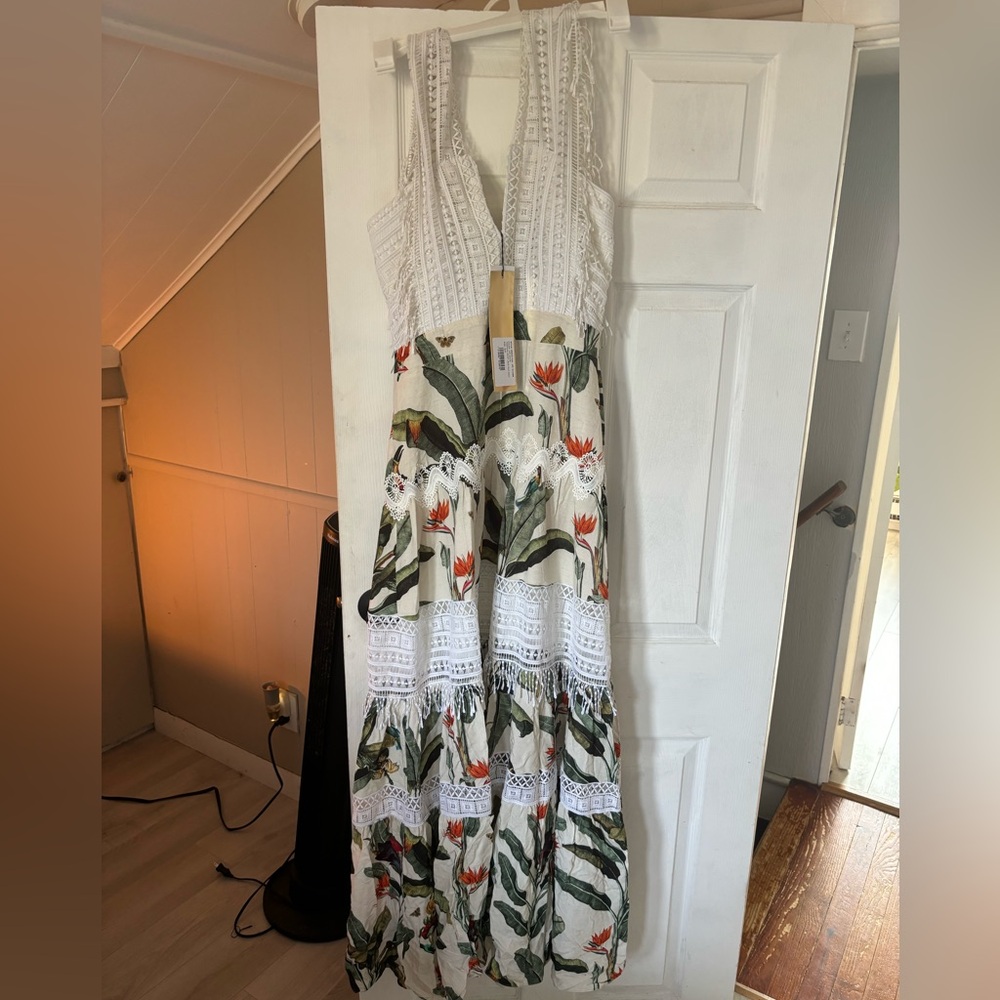 Patbo off white tropical print lace trim maxi